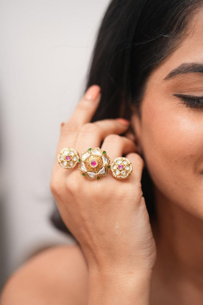 Umisha 3 Finger Polki Gold Statement Ring | Sone Pe Suhaga