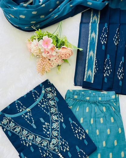 Jaipur Premium Elegant Indigo Ikat Kurti Set