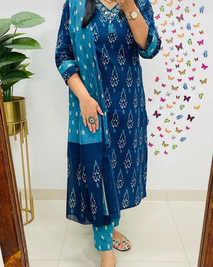 Jaipur Premium Elegant Indigo Ikat Kurti Set