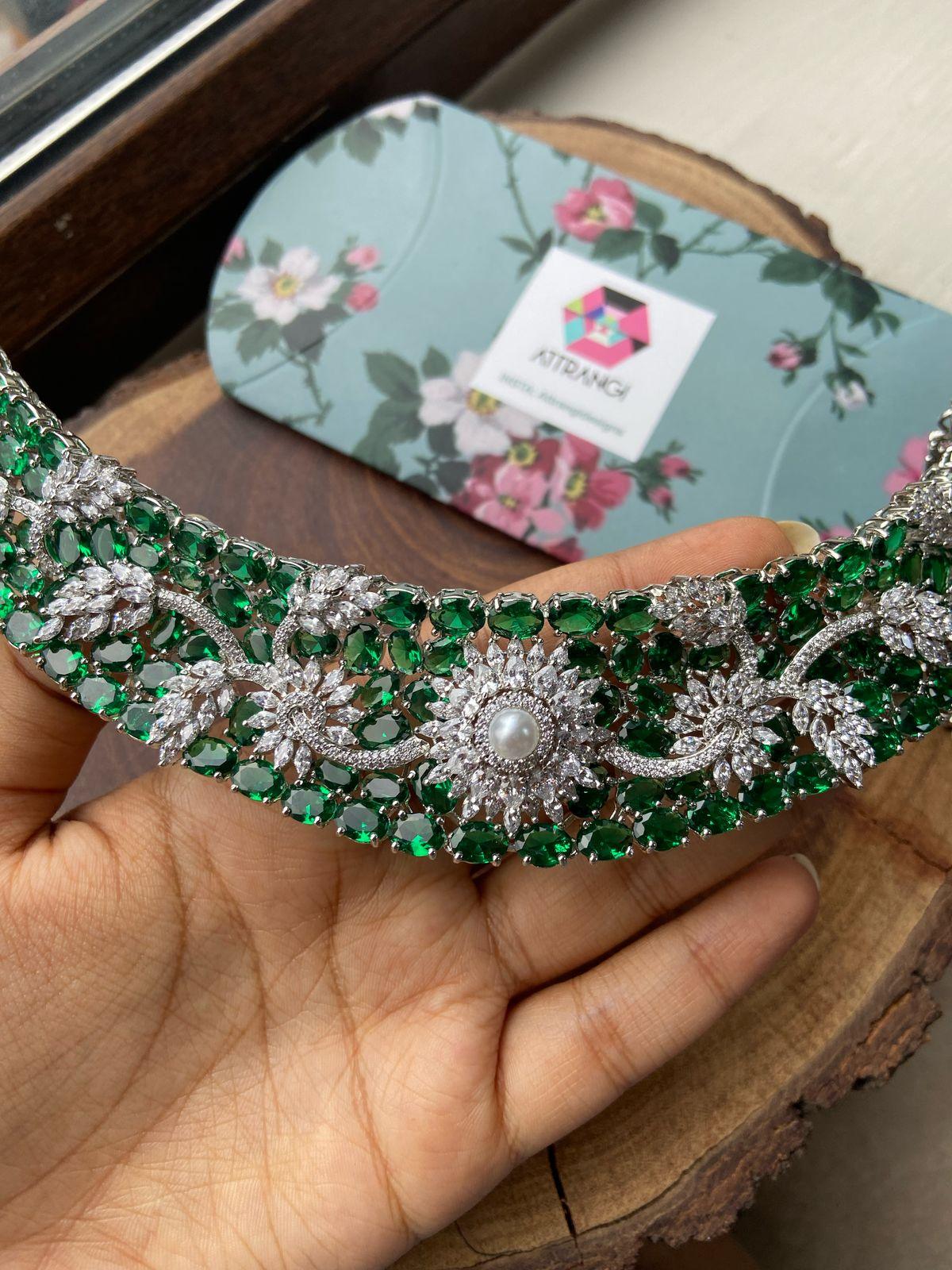 Floral Galaxy Overlay Diamond on Rose Cut Emerald Set
