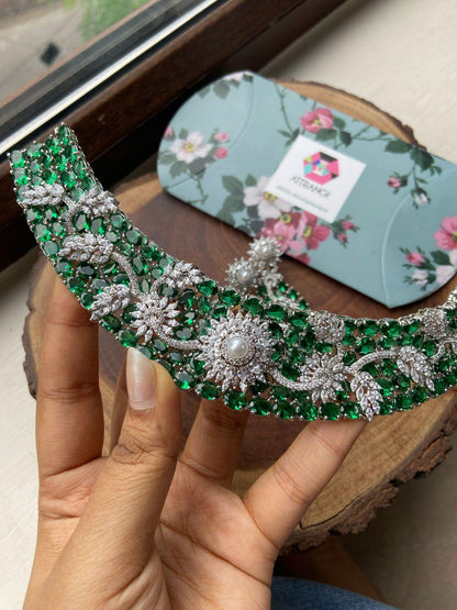 Floral Galaxy Overlay Diamond on Rose Cut Emerald Set