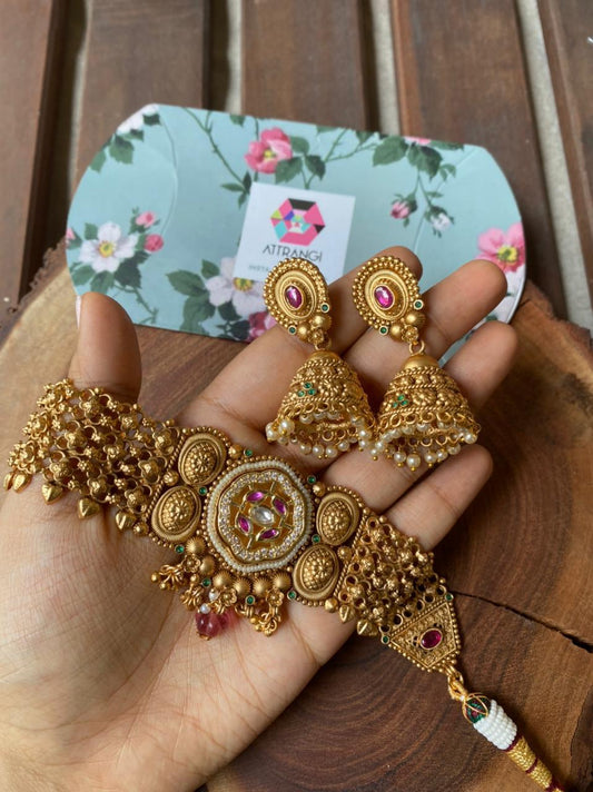 Narmanda Indian Choker Set with Gold Jhumkas