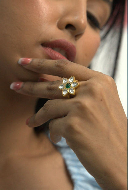 Pankhudi Pachi Polki Indian Ring | Adjustable