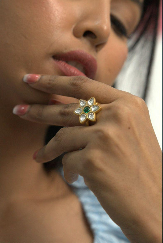 Pankhudi Pachi Polki Indian Ring | Adjustable