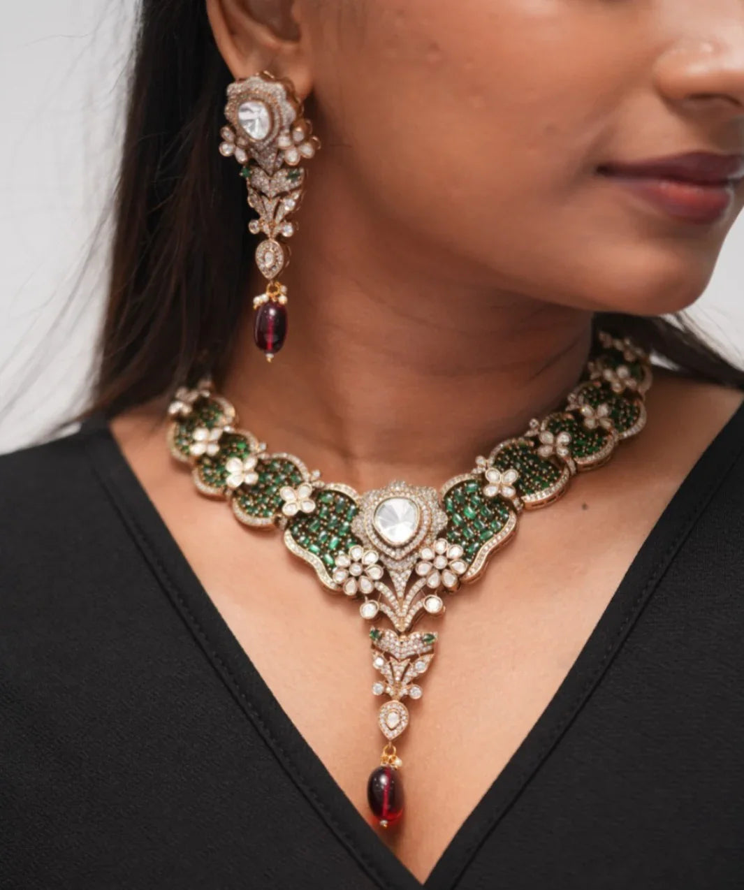 Madhuri Royal Emerald Floral Necklace Set
