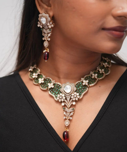 Madhuri Royal Emerald Floral Necklace Set