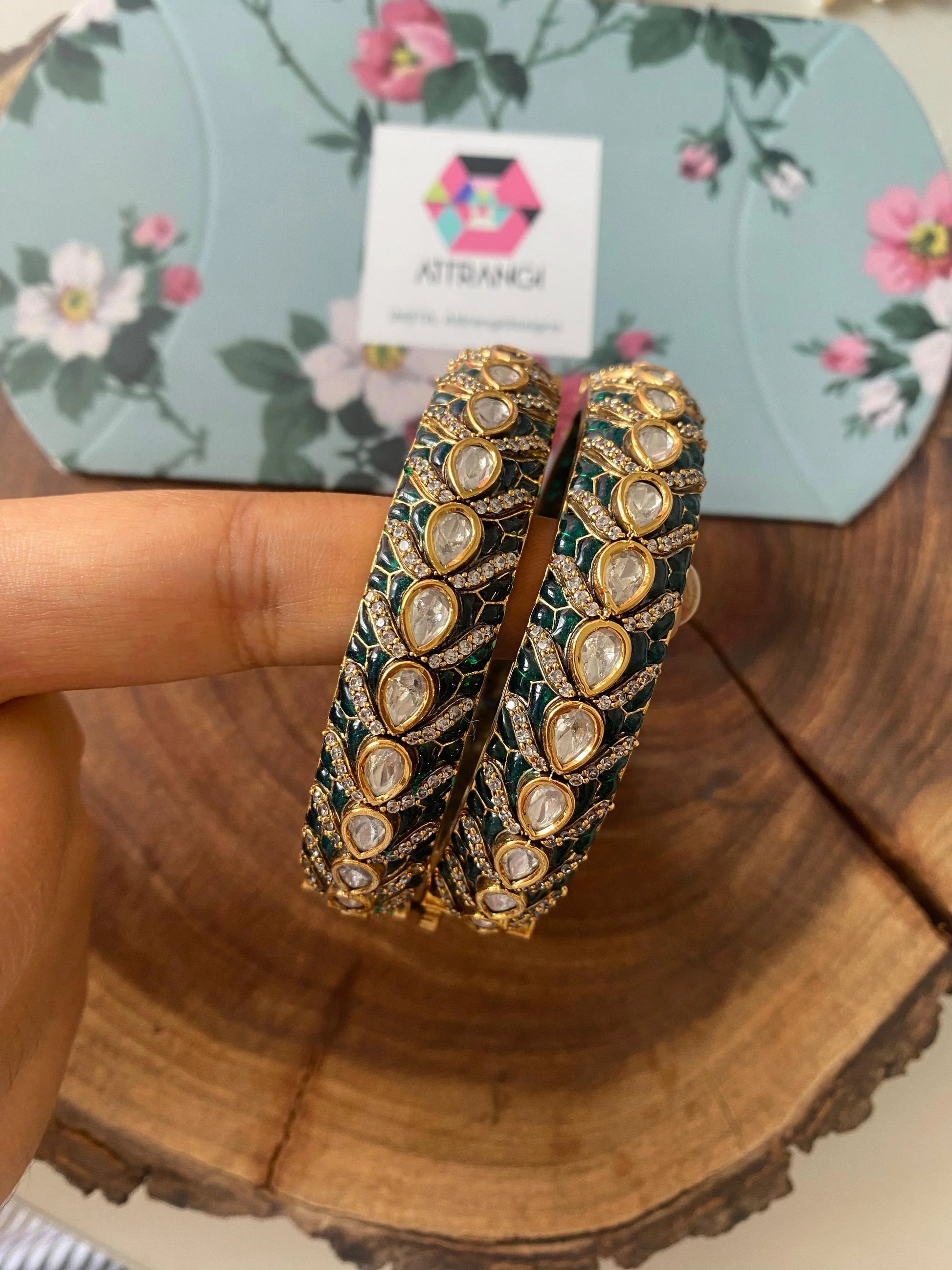 Gayatri Moissanite Indian Kada | Meenakari Epoxy - Green