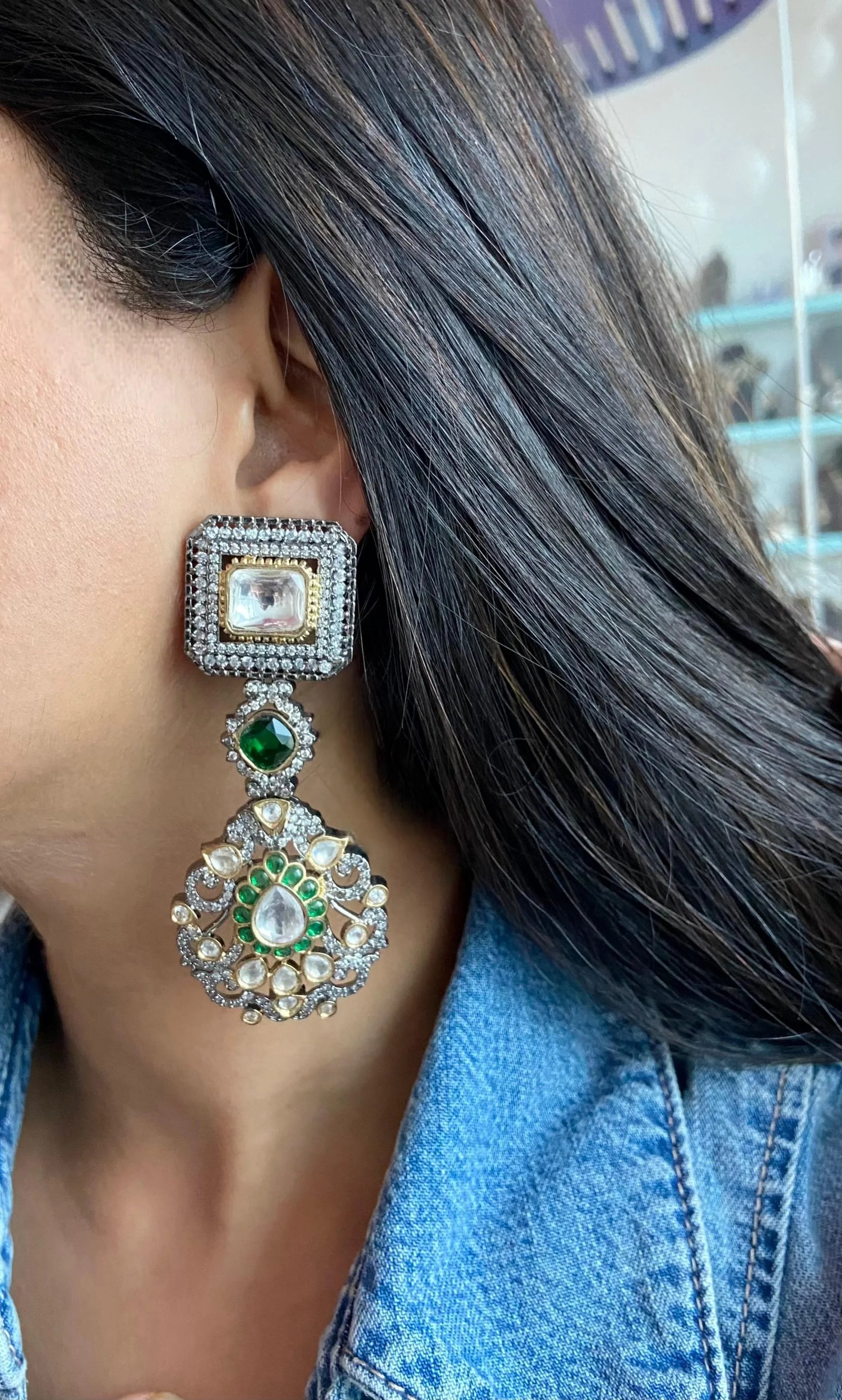 Aabha Polki Moissanite Long Victorian Earrings