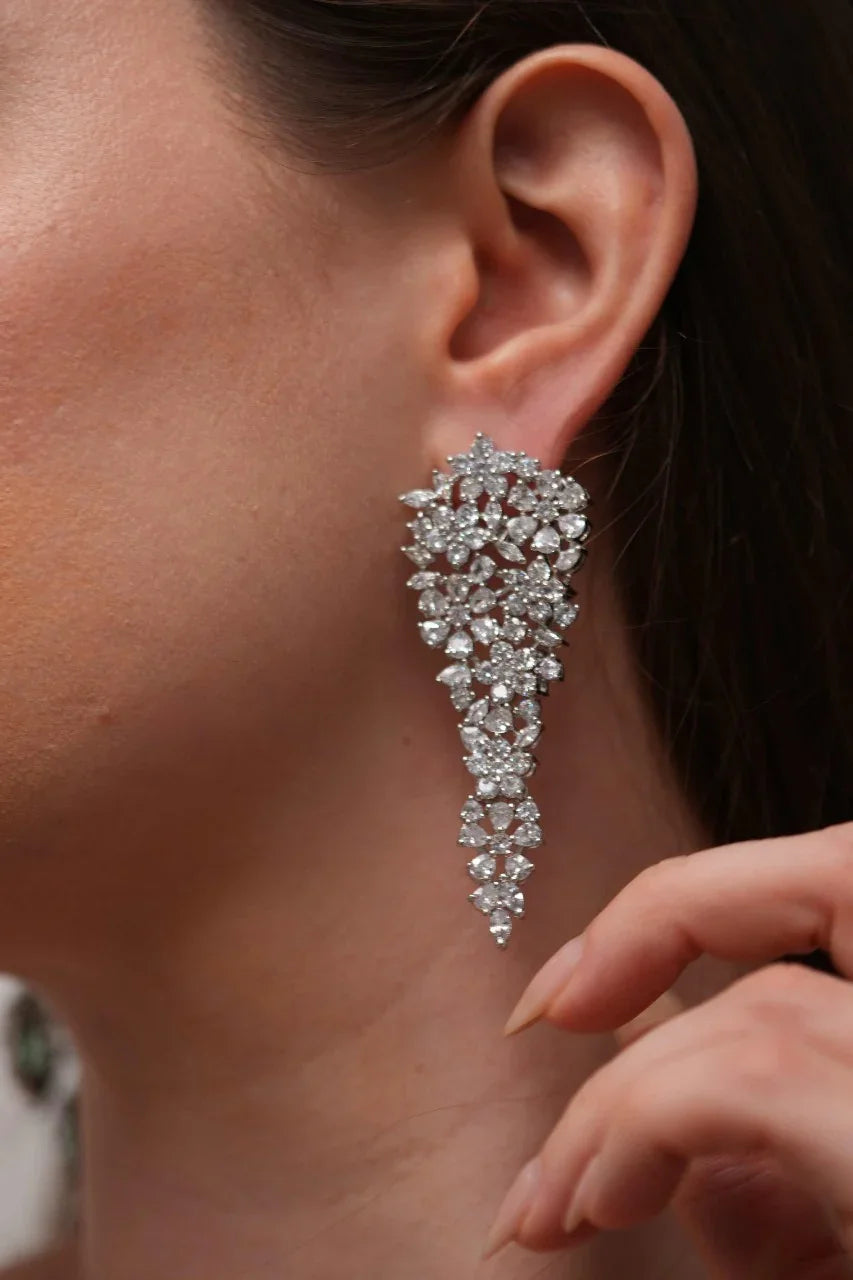 Sparkly Diamond Long Floral Bouquet Earrings