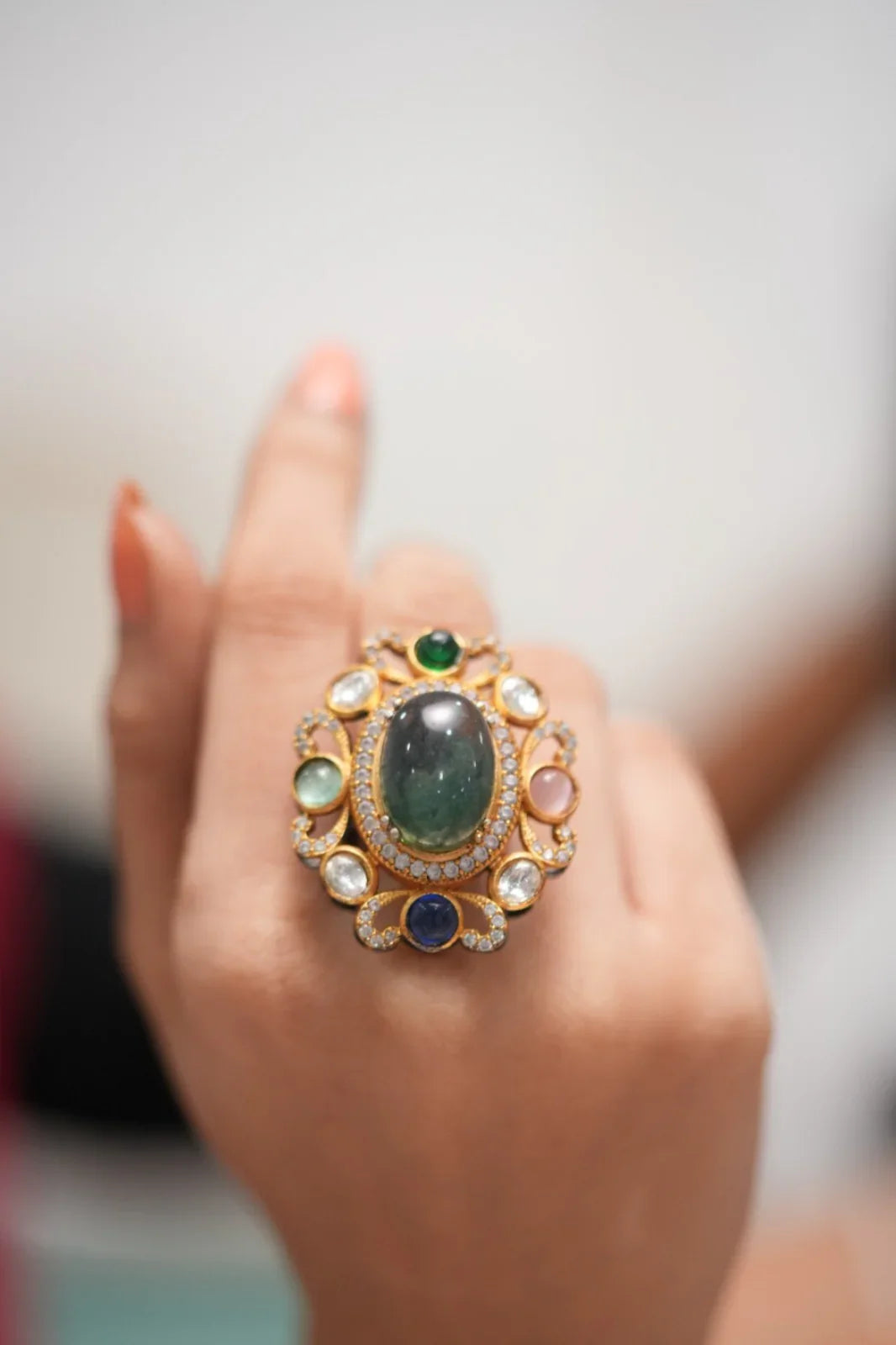 Oval Sabhya Multicolour Gemstone Indo Western Ring| GemZ
