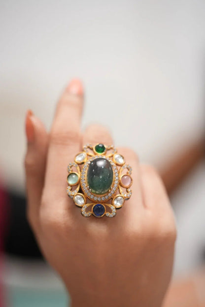 Oval Sabhya Multicolour Gemstone Indo Western Ring| GemZ