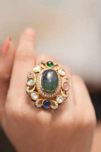 Oval Sabhya Multicolour Gemstone Indo Western Ring| GemZ
