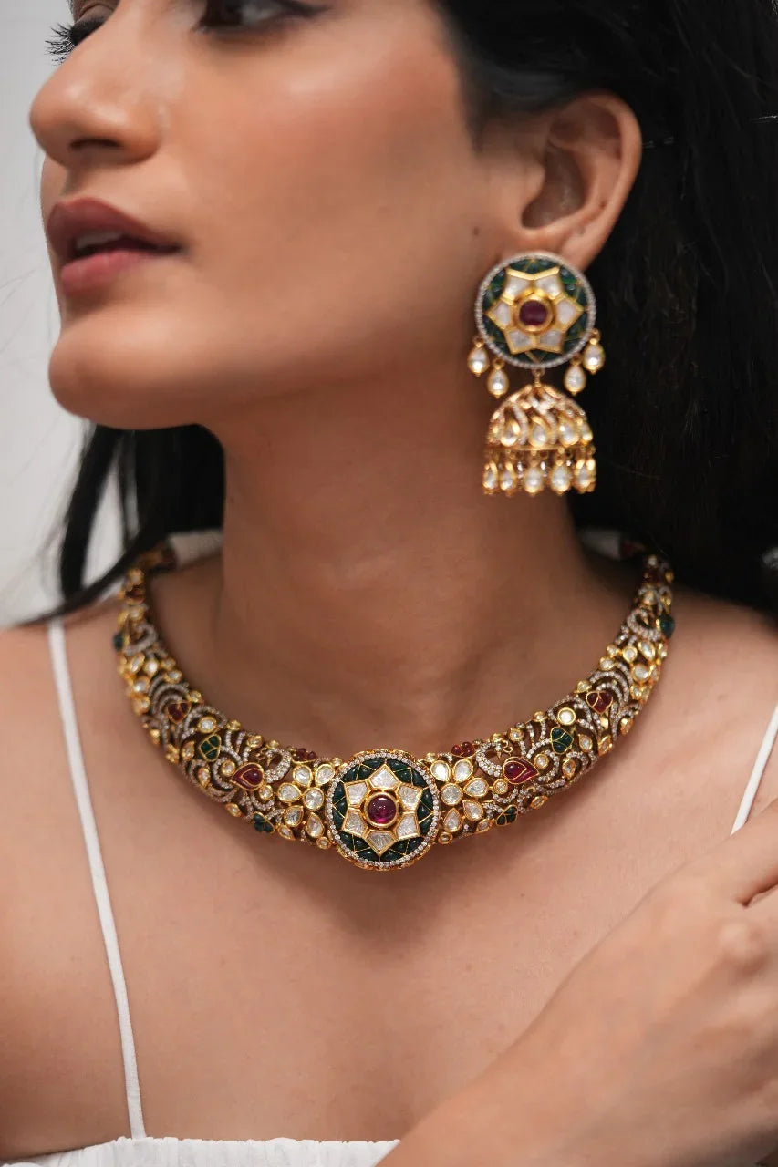 Aadhya Designer Polki Moissanite Hasli with Jhumka