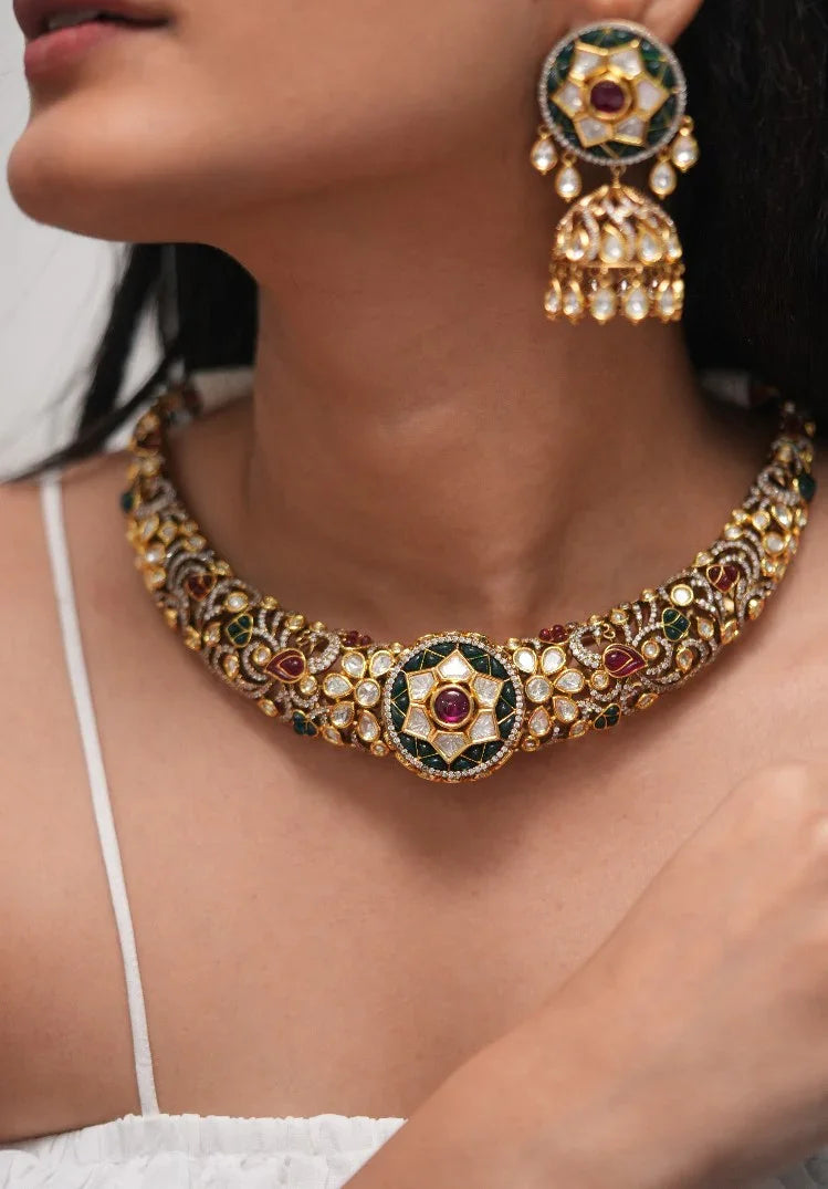 Aadhya Designer Polki Moissanite Hasli with Jhumka