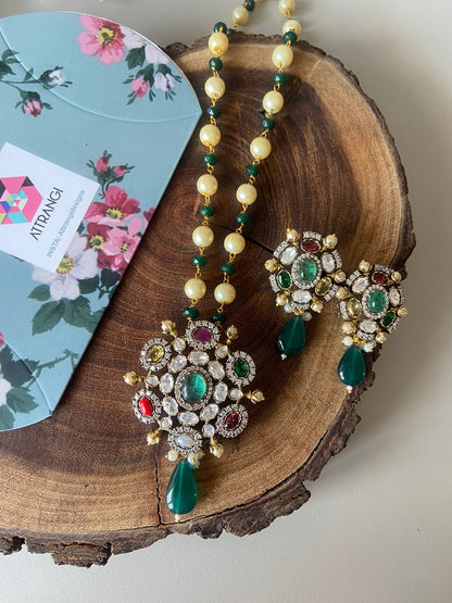 Navratna Rich Pendant Set |  Beaded Mala & Earrings