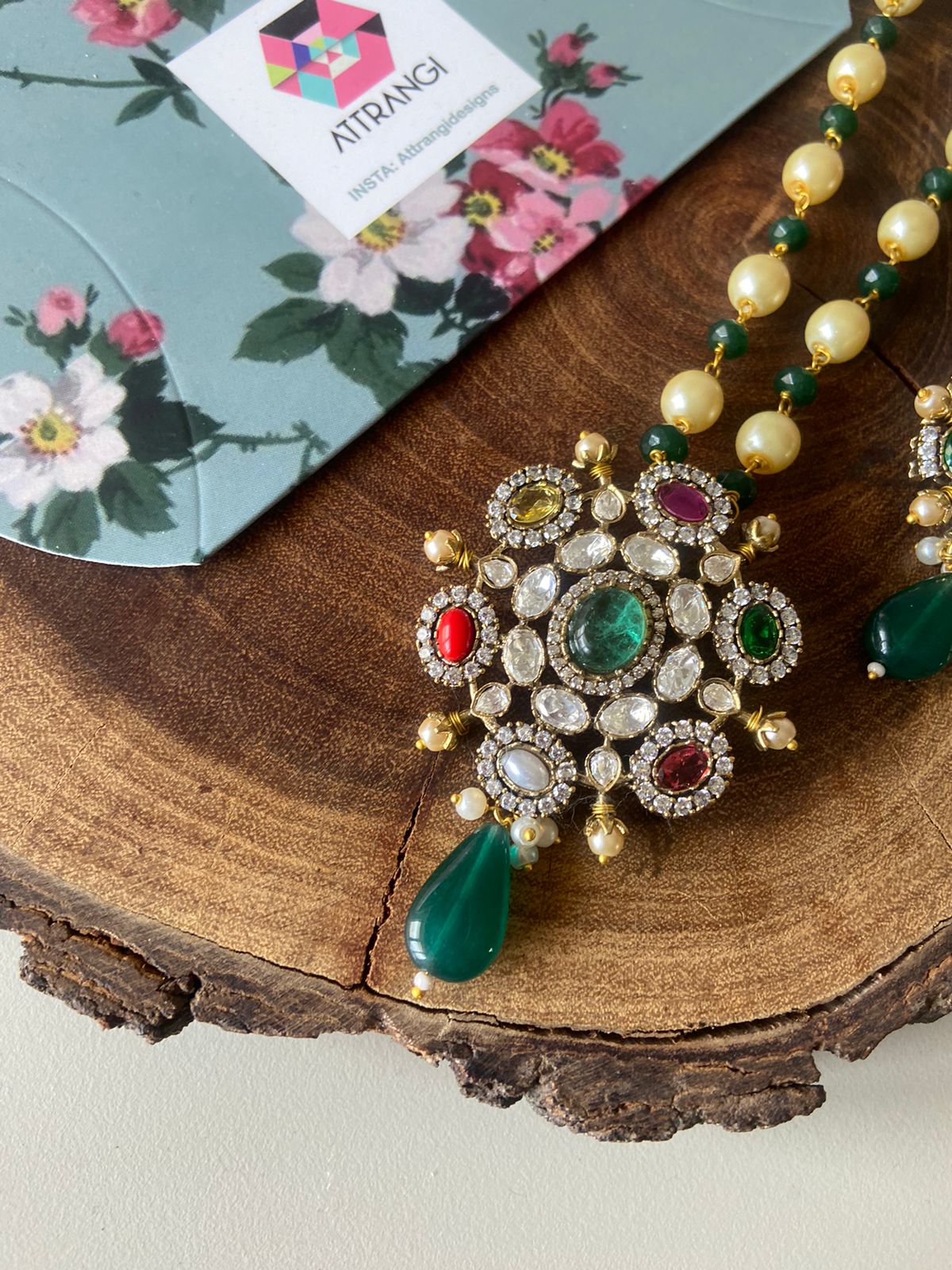 Navratna Rich Pendant Set |  Beaded Mala & Earrings