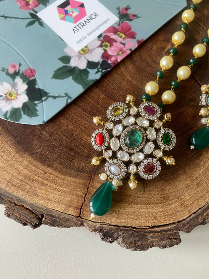 Navratna Rich Pendant Set |  Beaded Mala & Earrings