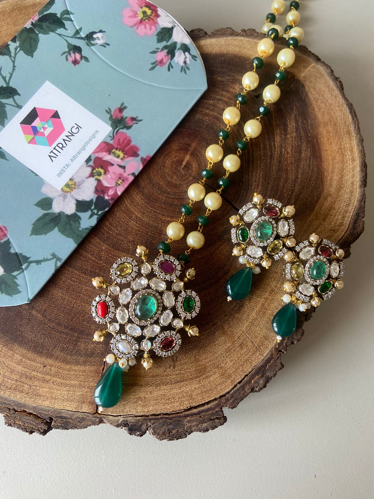 Navratna Rich Pendant Set |  Beaded Mala & Earrings