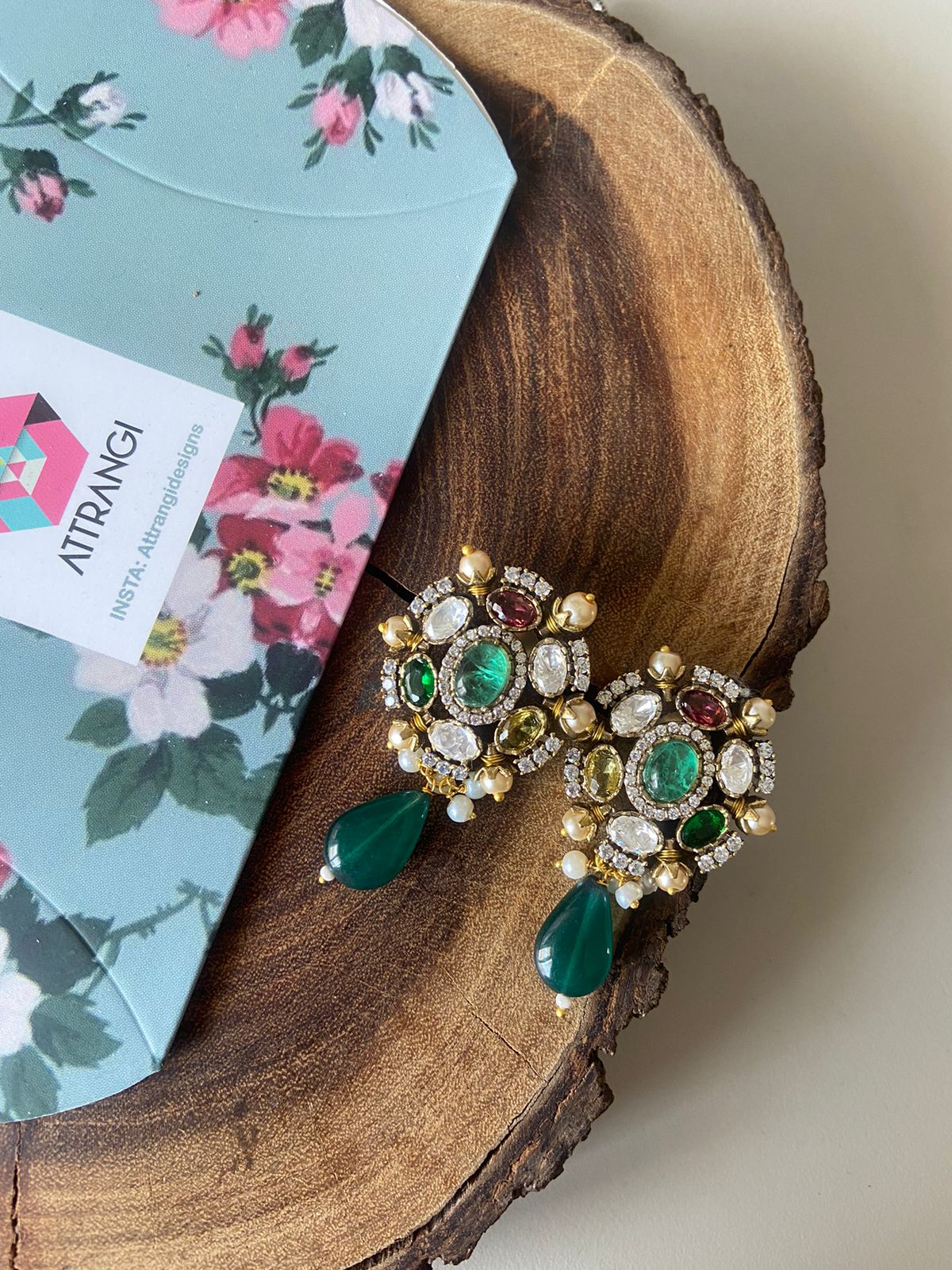Navratna Rich Pendant Set |  Beaded Mala & Earrings