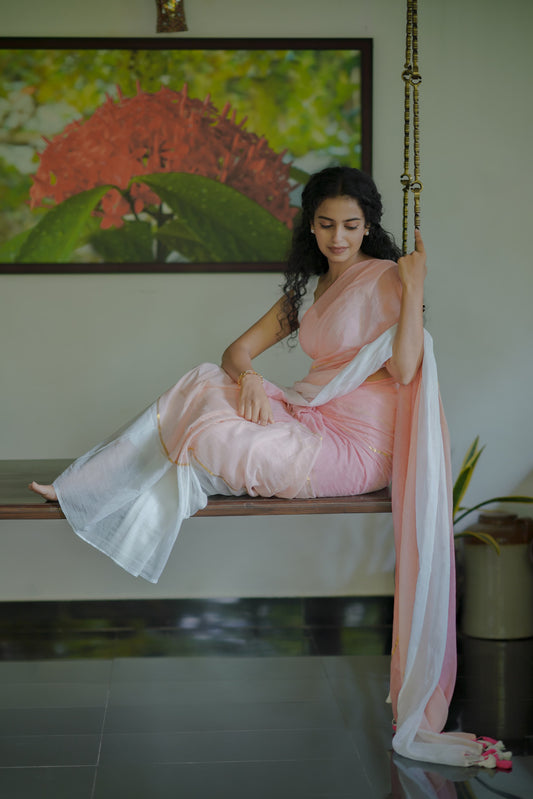 Woven Mul Cotton Handloom Saree - Pink Ombre