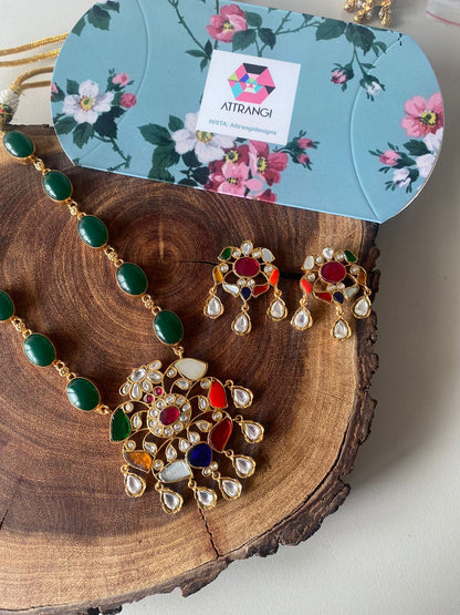 Navratna Midline Necklace Big Indian Pendant Set with Studs