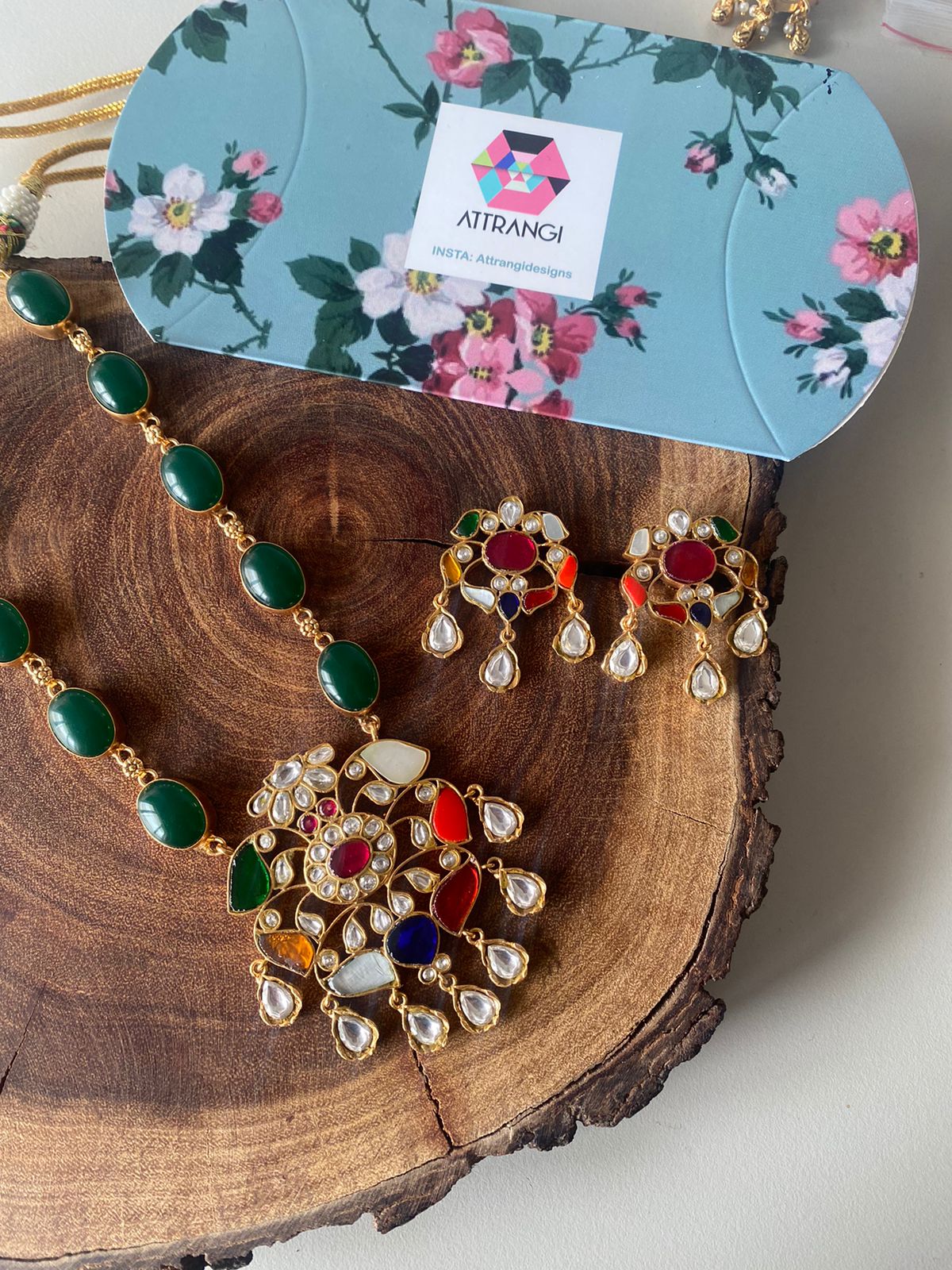 Navratna Midline Necklace Big Indian Pendant Set with Studs