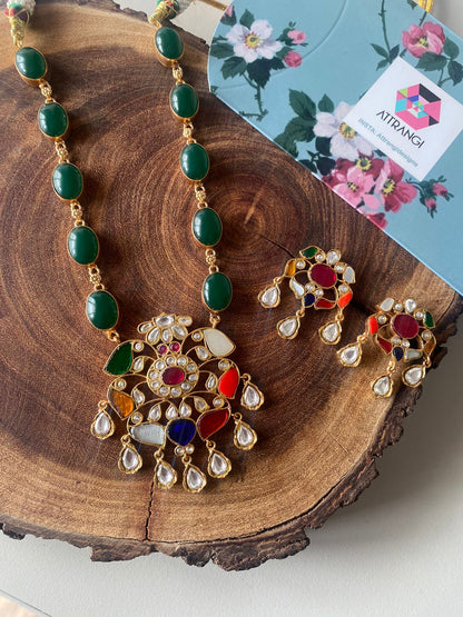 Navratna Midline Necklace Big Indian Pendant Set with Studs