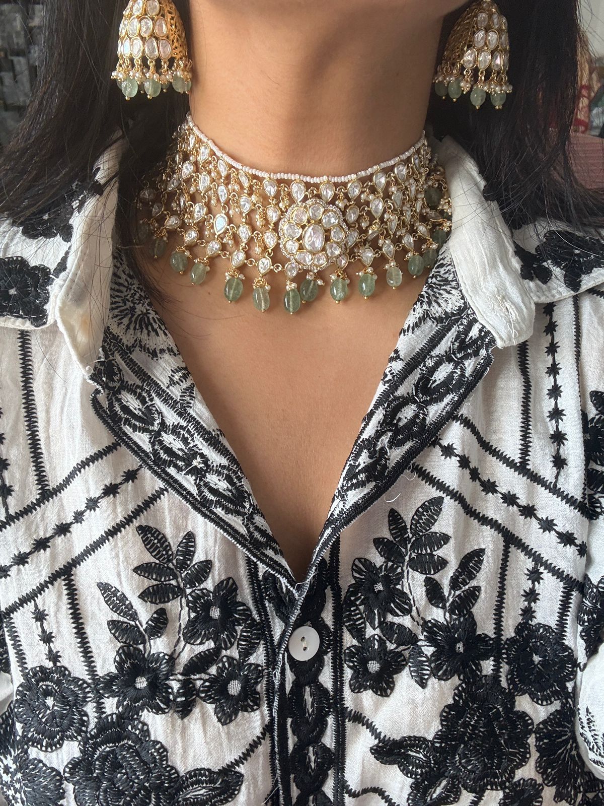 Sunita Moissanite Heavy Uncut Diamond Choker Set With Tika