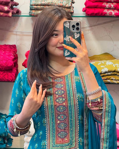 Teal Blue Floral Printed Anarkali Suit with Dupatta