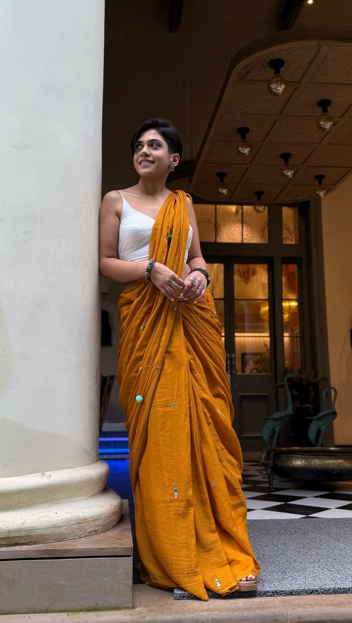 Mul Cotton Hand Mirror Work Mustard Boho Saree
