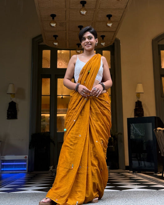 Mul Cotton Hand Mirror Work Mustard Boho Saree