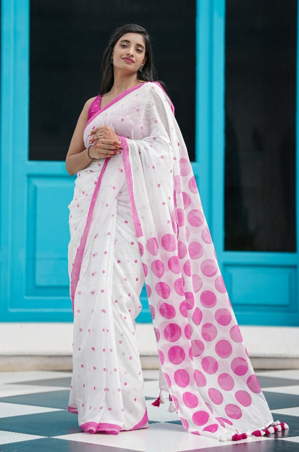 Mul Cotton Saree With Polka Dots - Petal Pop
