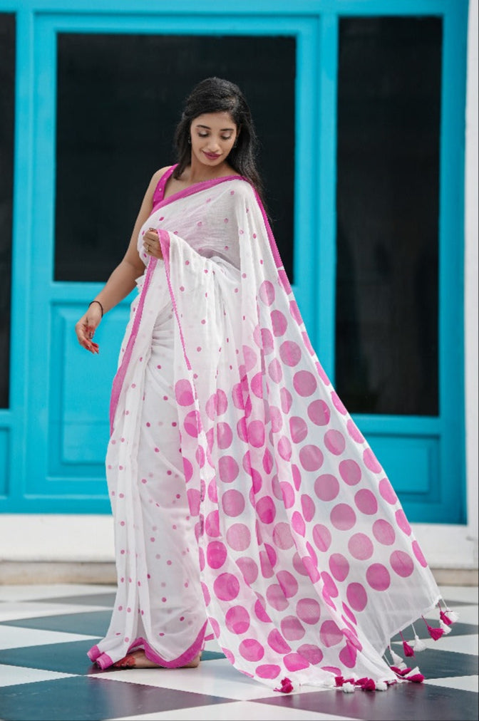 Mul Cotton Saree With Polka Dots - Petal Pop