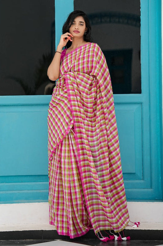 Peony Grove Magenta and Green Checks Mul Cotton Saree