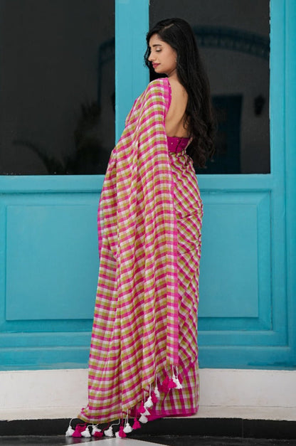 Peony Grove Magenta and Green Checks Mul Cotton Saree