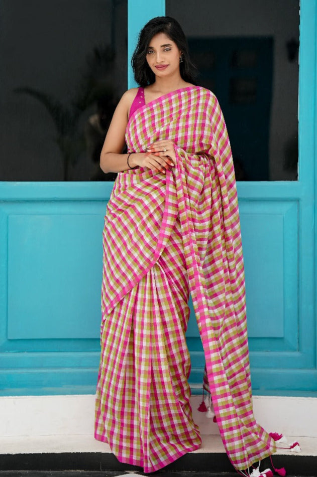 Peony Grove Magenta and Green Checks Mul Cotton Saree
