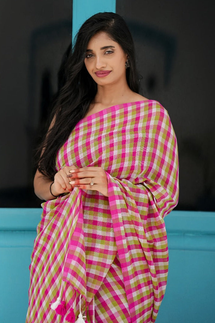 Peony Grove Magenta and Green Checks Mul Cotton Saree