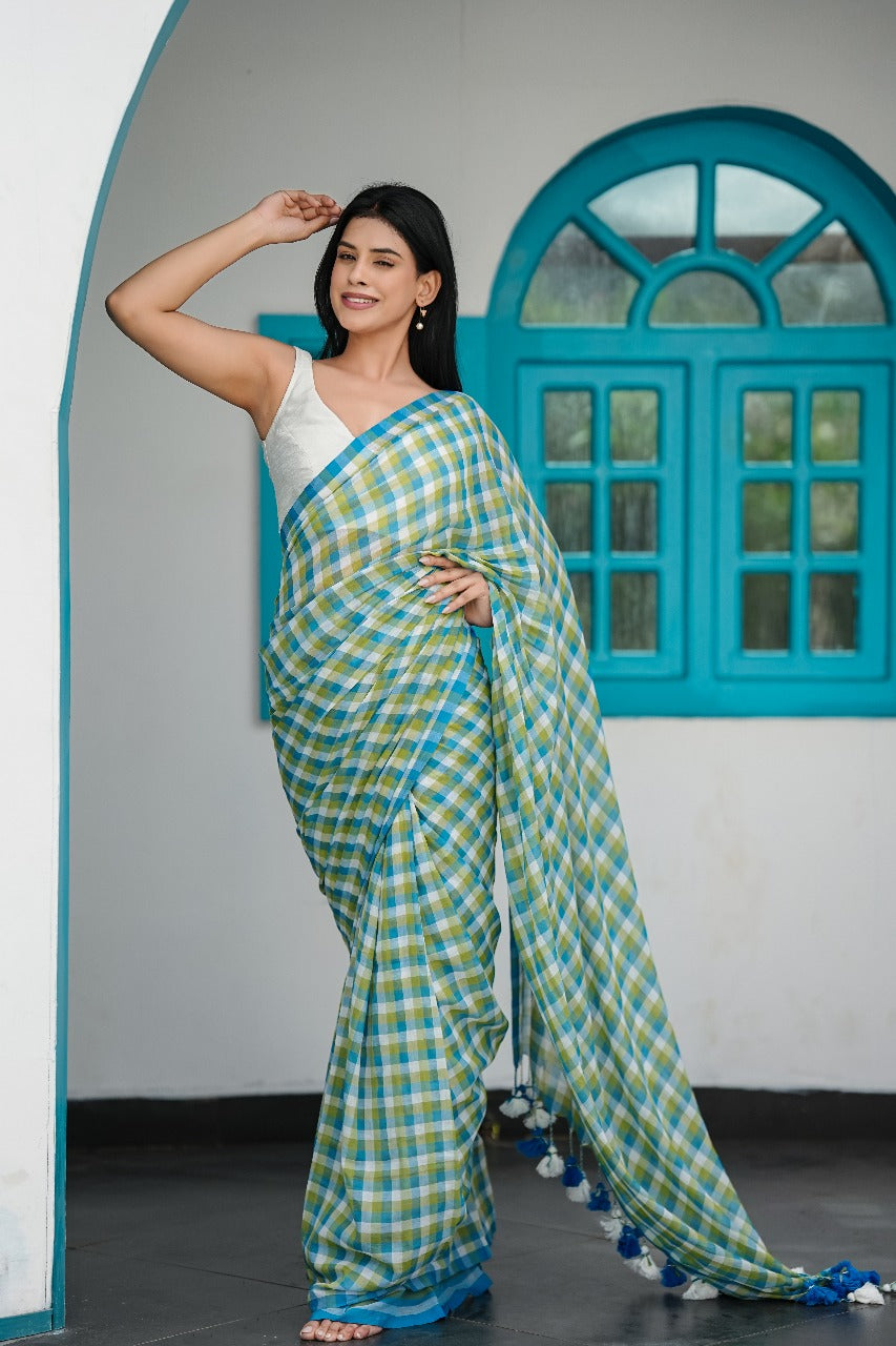Meadow Breeze Blue and Green Checks Mul Cotton Saree
