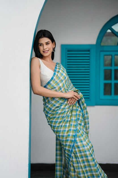Meadow Breeze Blue and Green Checks Mul Cotton Saree