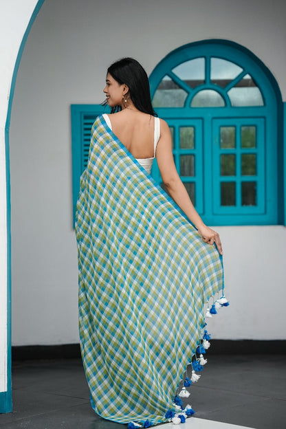 Meadow Breeze Blue and Green Checks Mul Cotton Saree