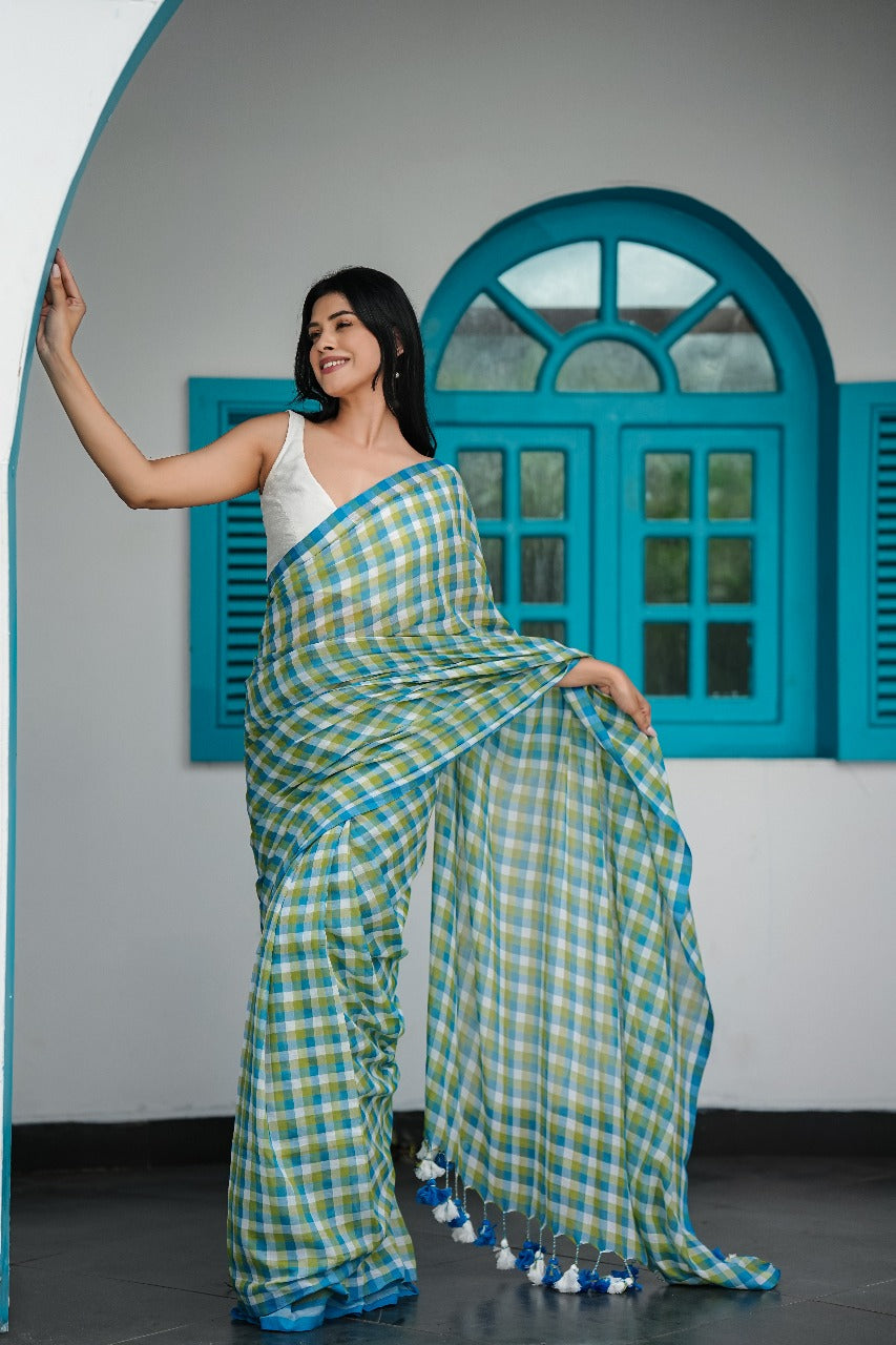 Meadow Breeze Blue and Green Checks Mul Cotton Saree