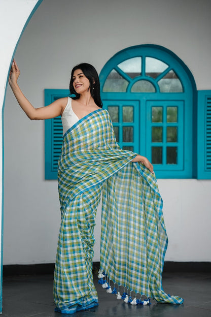 Meadow Breeze Blue and Green Checks Mul Cotton Saree