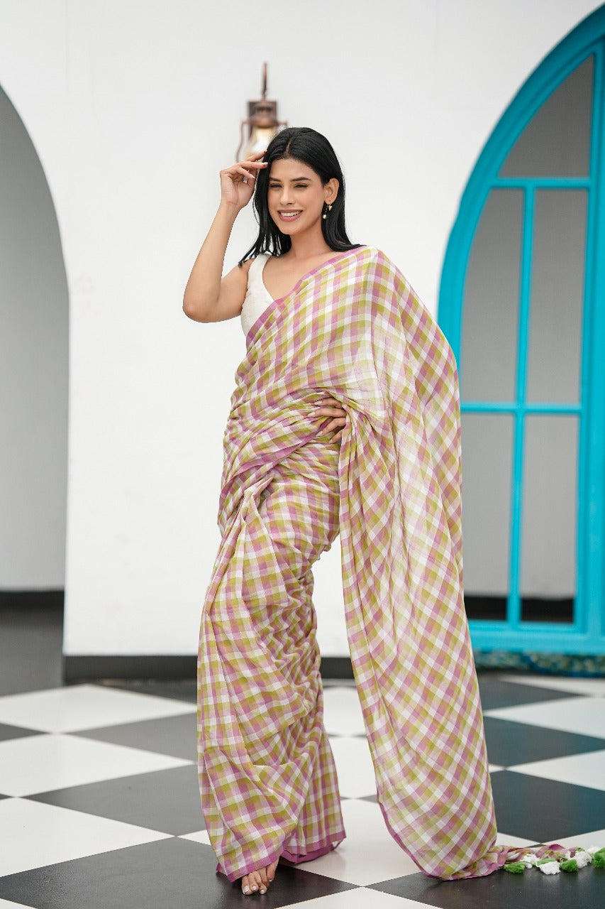Spring Check Mul Cotton Saree in Lilac and Mint Green
