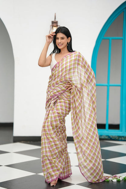 Spring Check Mul Cotton Saree in Lilac and Mint Green