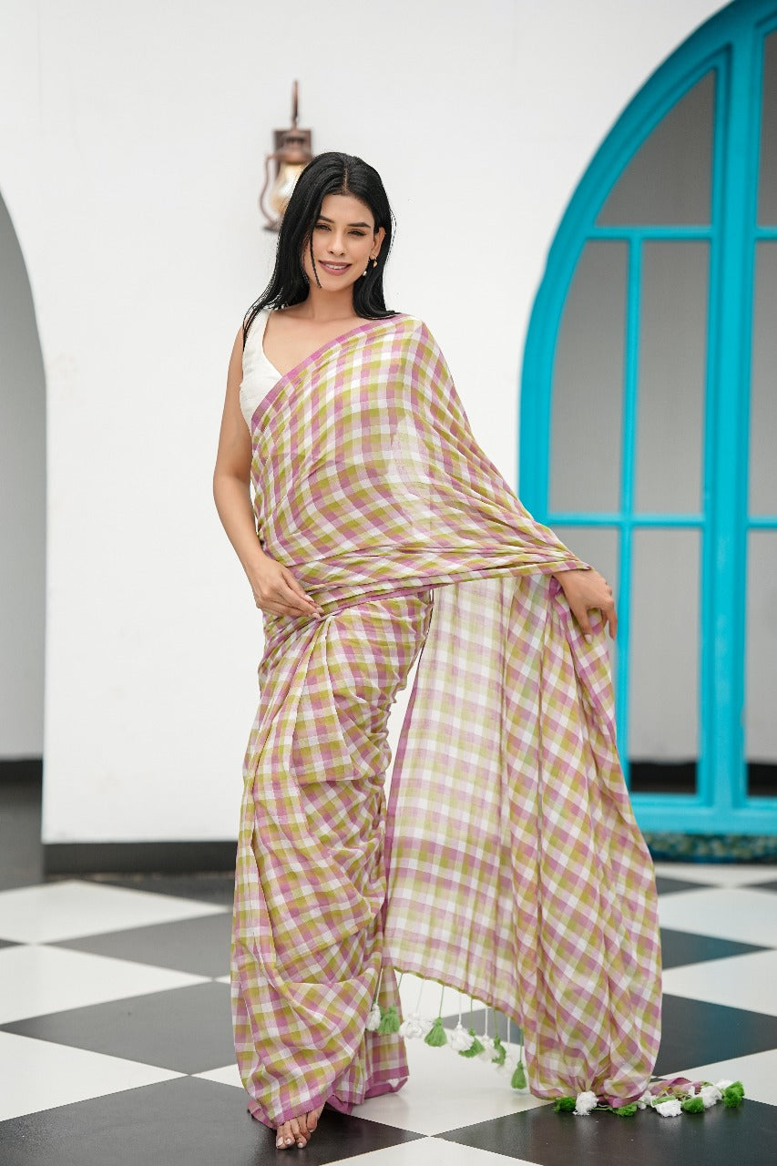 Spring Check Mul Cotton Saree in Lilac and Mint Green