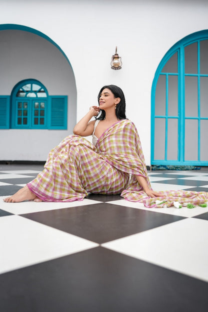 Spring Check Mul Cotton Saree in Lilac and Mint Green