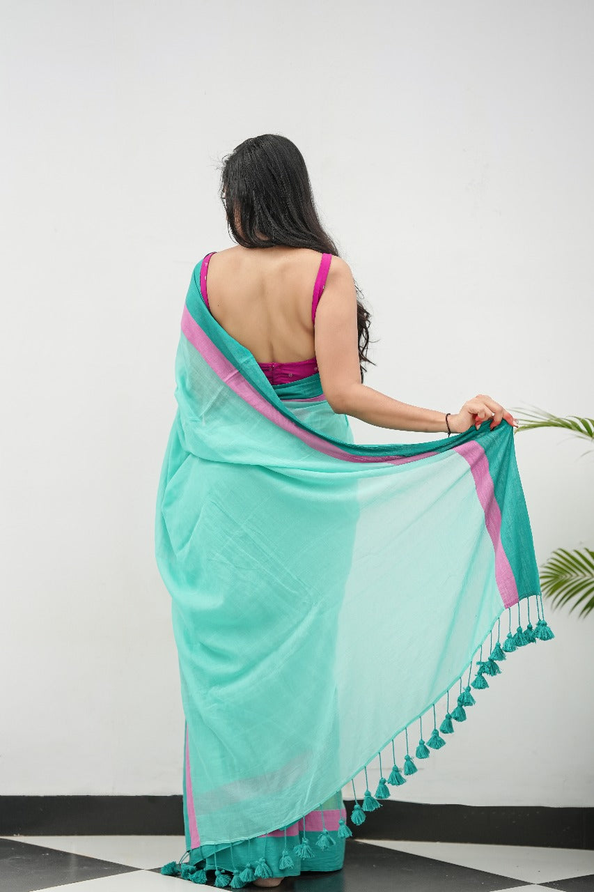 Mul Cotton Blue Saree - River Bloom