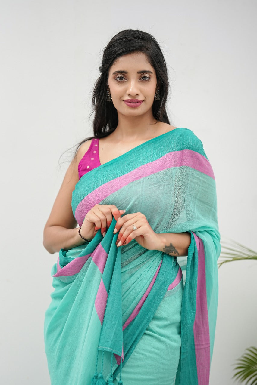 Mul Cotton Blue Saree - River Bloom