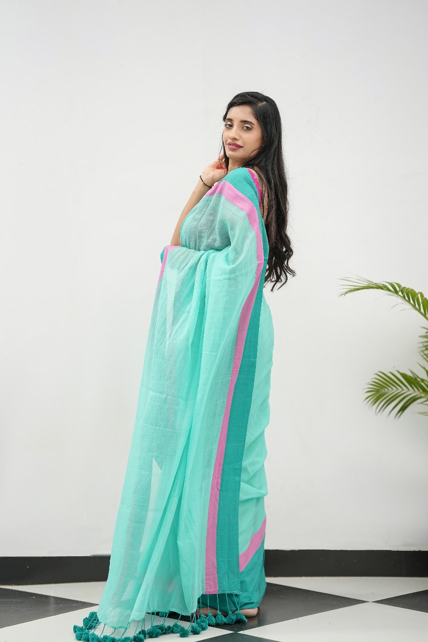 Mul Cotton Blue Saree - River Bloom