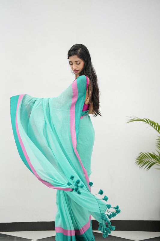 Mul Cotton Blue Saree - River Bloom